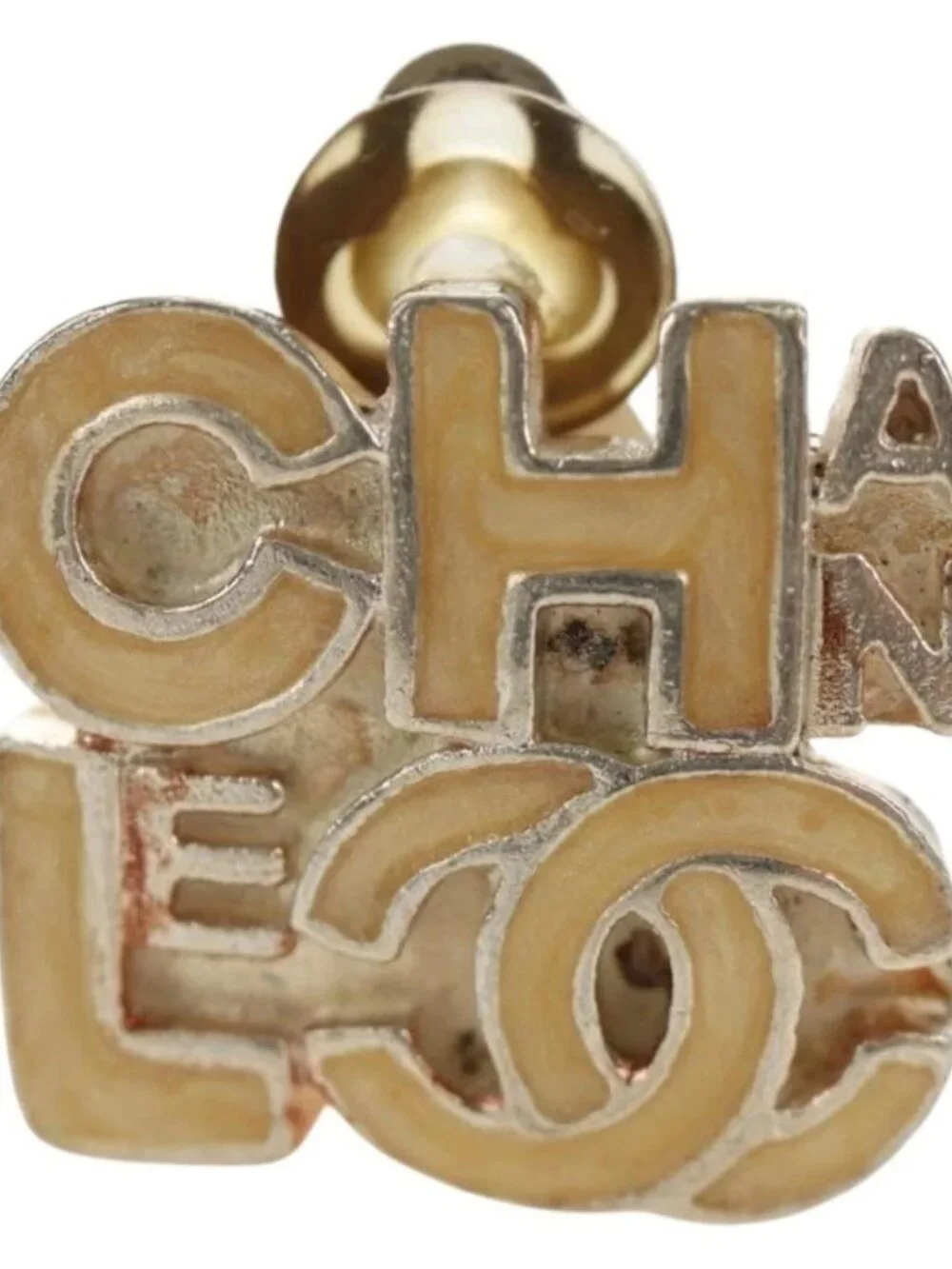 CHANEL Earring metal Beige CC Auth 185855M